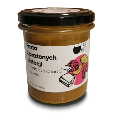 Roasted pistachio spread with white chocolate and raspberry